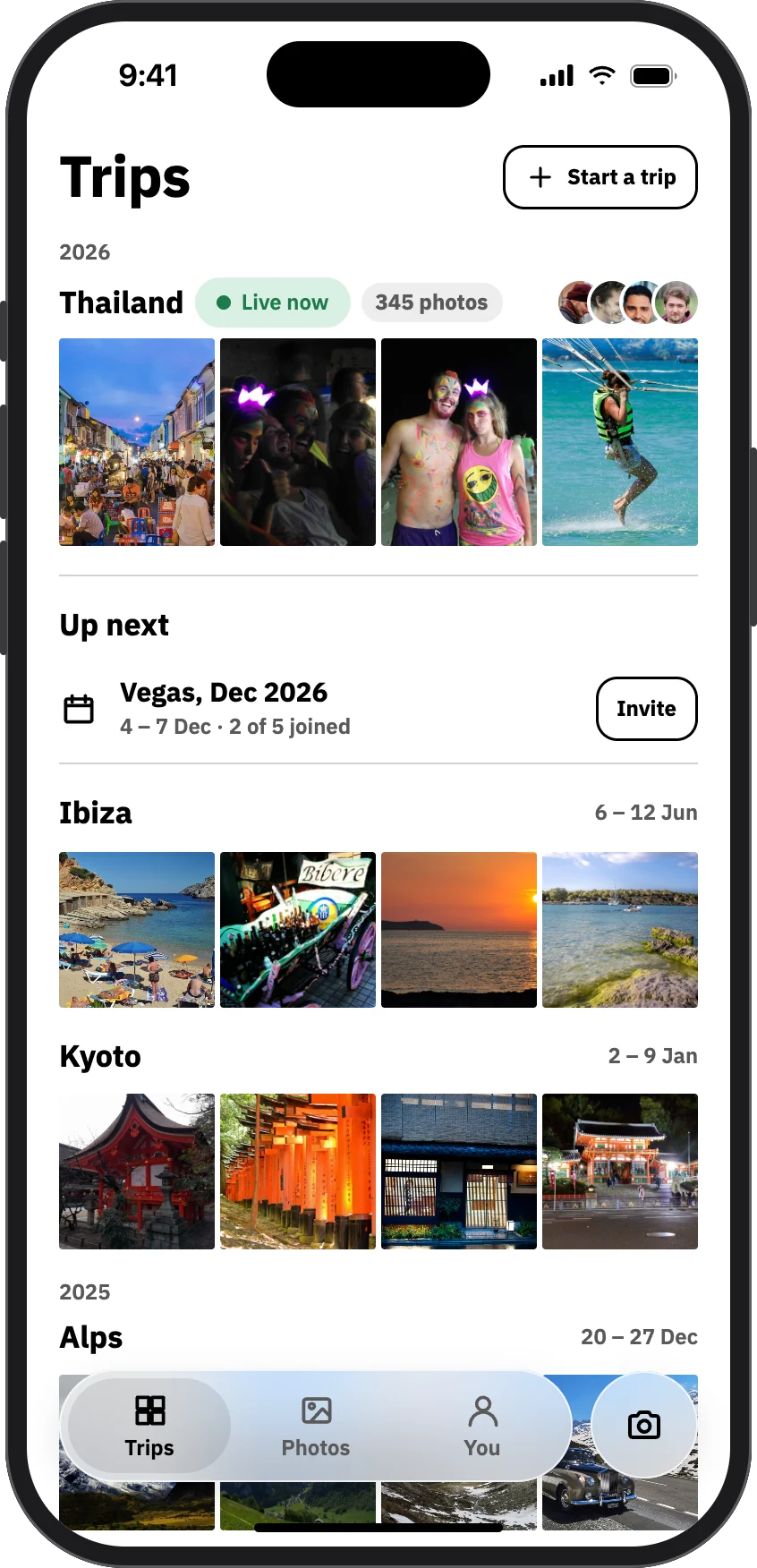 Trips: the live trip, up next and past trips